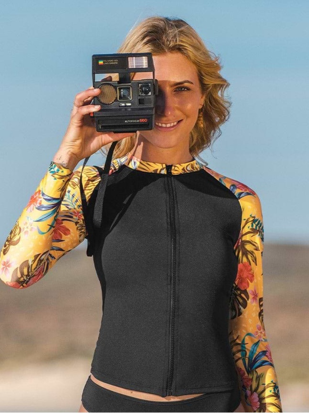 Cupshe Black Front-Zip Rash Guard with Yellow Floral Sleeves and built in cups